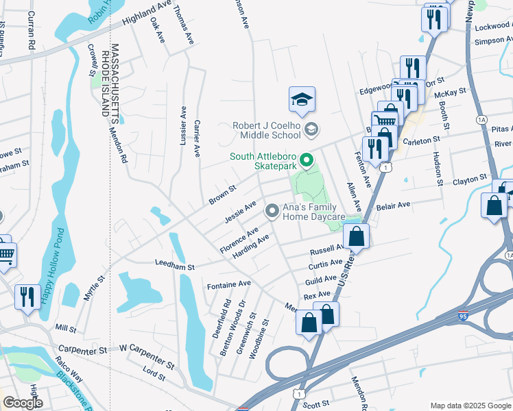 map of restaurants, bars, coffee shops, grocery stores, and more near 7375 Laurier Avenue in Attleboro