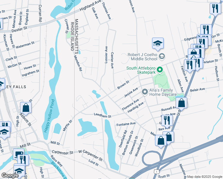 map of restaurants, bars, coffee shops, grocery stores, and more near 14 Carrier Avenue in Attleboro