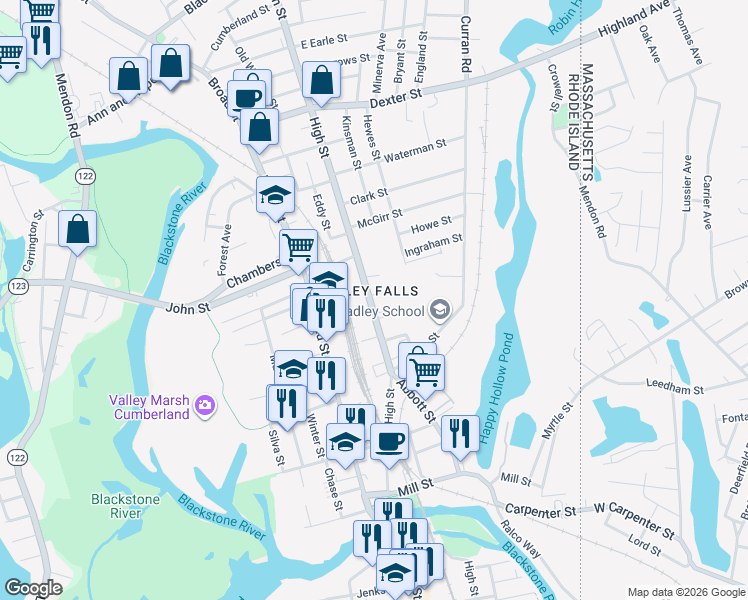 map of restaurants, bars, coffee shops, grocery stores, and more near in Cumberland