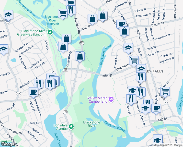 map of restaurants, bars, coffee shops, grocery stores, and more near 125 John Street in Lincoln