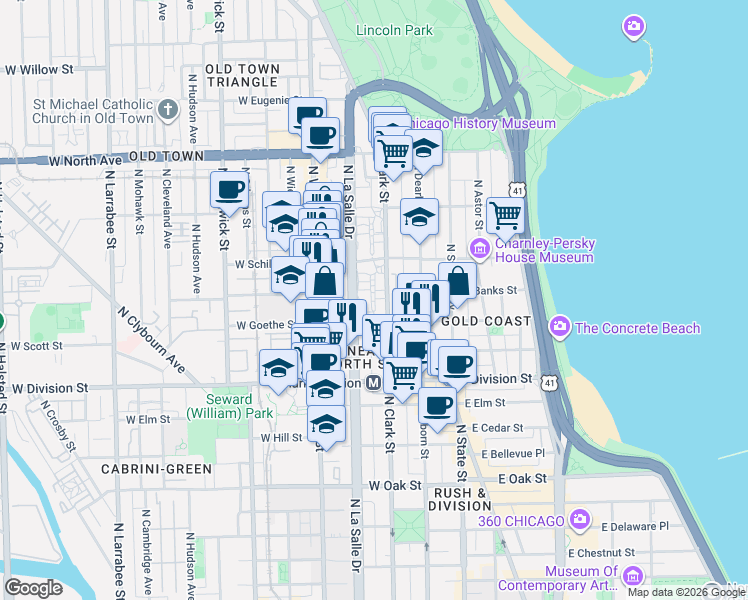 map of restaurants, bars, coffee shops, grocery stores, and more near 1328 North Clark Street in Chicago