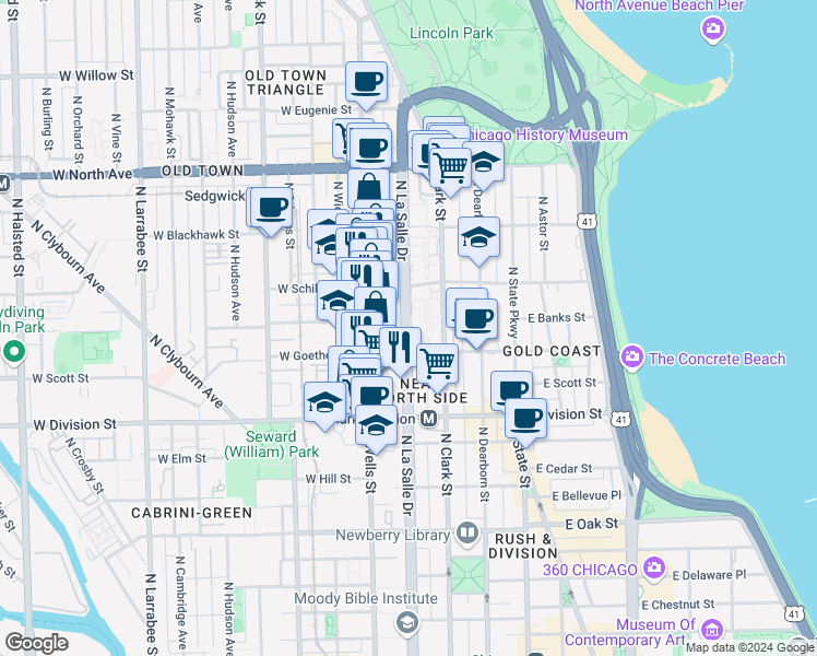 map of restaurants, bars, coffee shops, grocery stores, and more near 1330 North LaSalle Street in Chicago