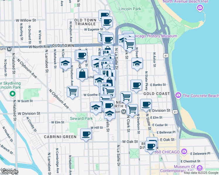 map of restaurants, bars, coffee shops, grocery stores, and more near 1343 North Wells Street in Chicago