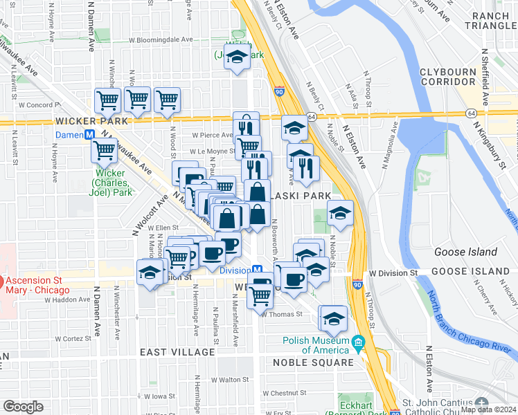 map of restaurants, bars, coffee shops, grocery stores, and more near in Chicago