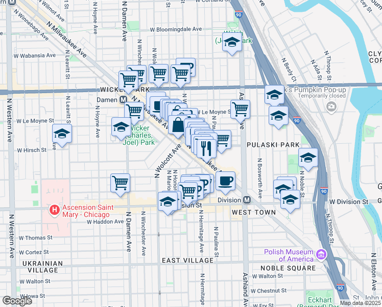 map of restaurants, bars, coffee shops, grocery stores, and more near 1383 North Milwaukee Avenue in Chicago