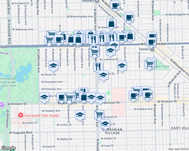map of restaurants, bars, coffee shops, grocery stores, and more near in Chicago