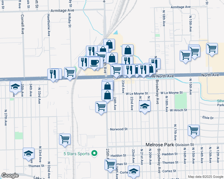 map of restaurants, bars, coffee shops, grocery stores, and more near 1827 25th Avenue in Melrose Park