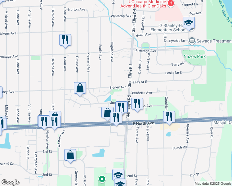 map of restaurants, bars, coffee shops, grocery stores, and more near 535A Darlene Lane in Glendale Heights