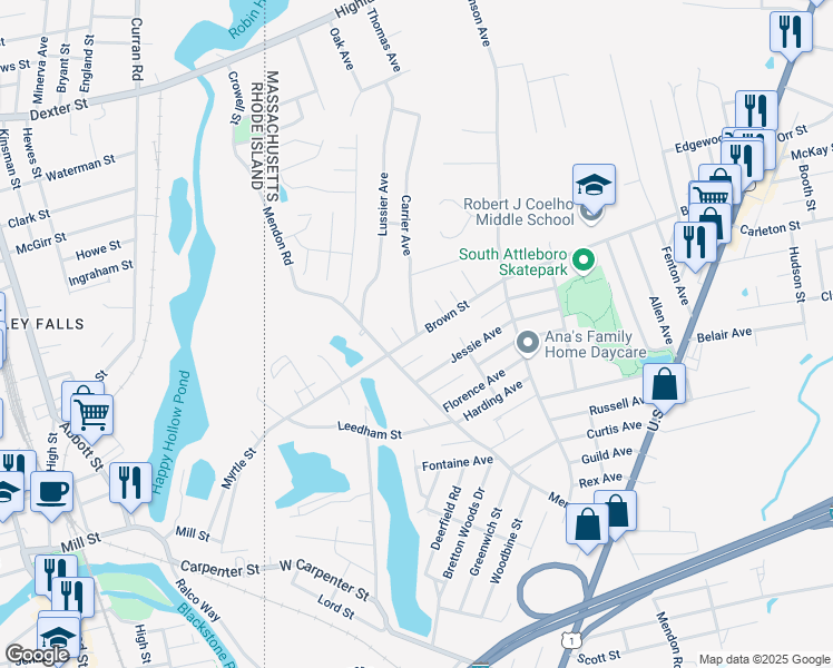 map of restaurants, bars, coffee shops, grocery stores, and more near 14 Carrier Avenue in Attleboro