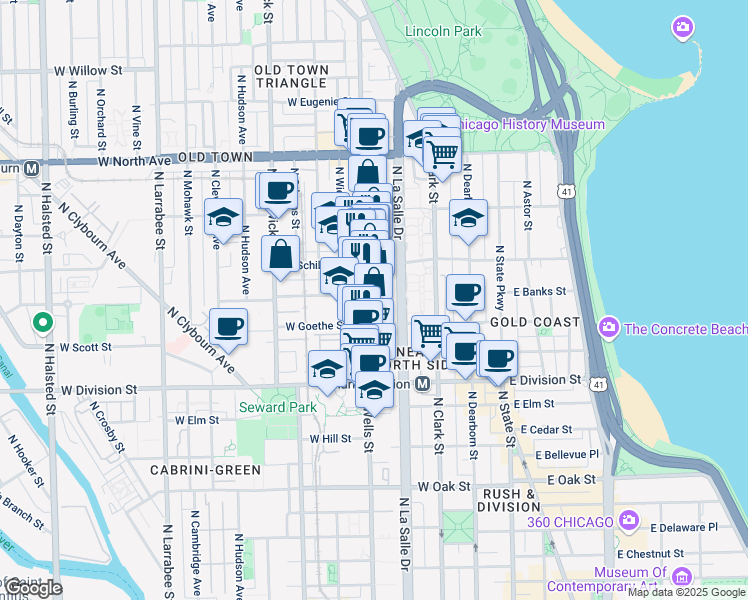 map of restaurants, bars, coffee shops, grocery stores, and more near 1325 North Wells Street in Chicago