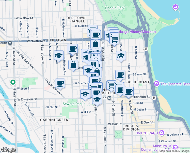 map of restaurants, bars, coffee shops, grocery stores, and more near 1343 North Wells Street in Chicago