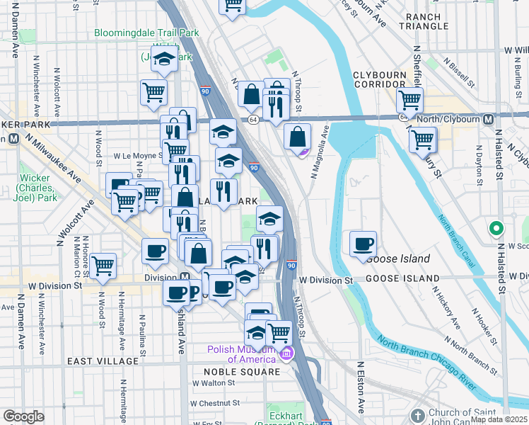 map of restaurants, bars, coffee shops, grocery stores, and more near 1406 West Blackhawk Street in Chicago