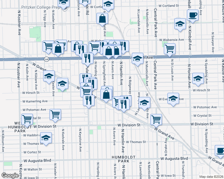 map of restaurants, bars, coffee shops, grocery stores, and more near 1422 North Avers Avenue in Chicago