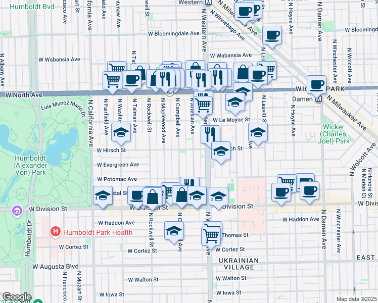 map of restaurants, bars, coffee shops, grocery stores, and more near 1408 North Artesian Avenue in Chicago