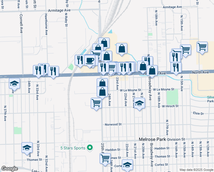 map of restaurants, bars, coffee shops, grocery stores, and more near 1827 25th Avenue in Melrose Park