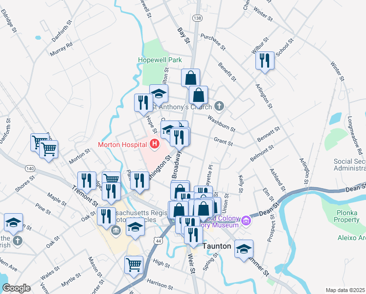 map of restaurants, bars, coffee shops, grocery stores, and more near 31 Saint Mary's Square in Taunton