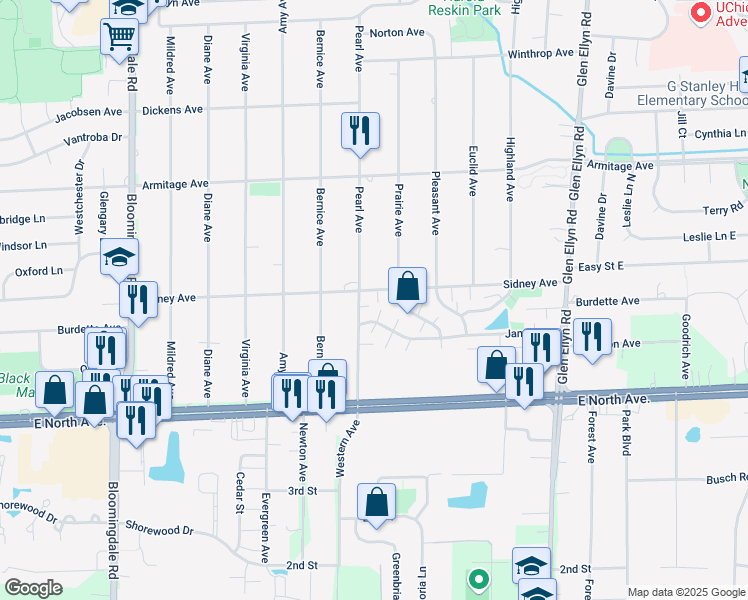 map of restaurants, bars, coffee shops, grocery stores, and more near 419 Sidney Avenue in Glendale Heights