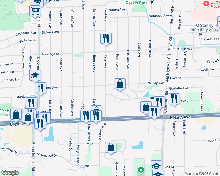 map of restaurants, bars, coffee shops, grocery stores, and more near 419 Sidney Avenue in Glendale Heights