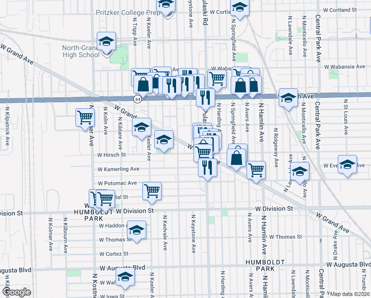 map of restaurants, bars, coffee shops, grocery stores, and more near 4044 West Hirsch Street in Chicago