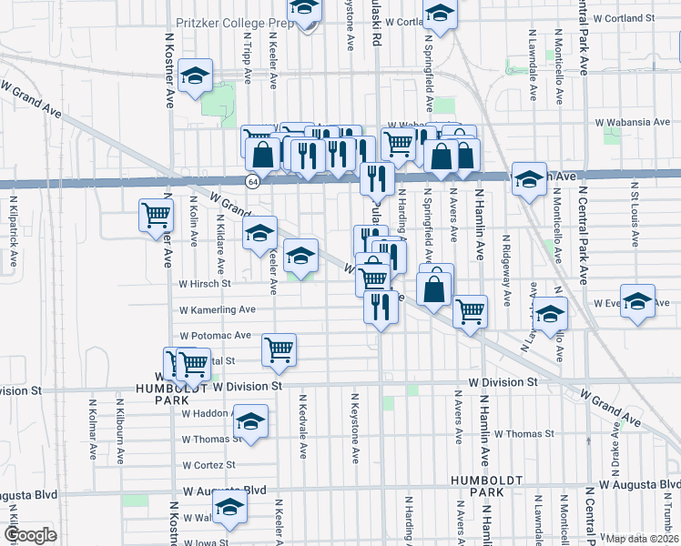 map of restaurants, bars, coffee shops, grocery stores, and more near 4014 West Grand Avenue in Chicago