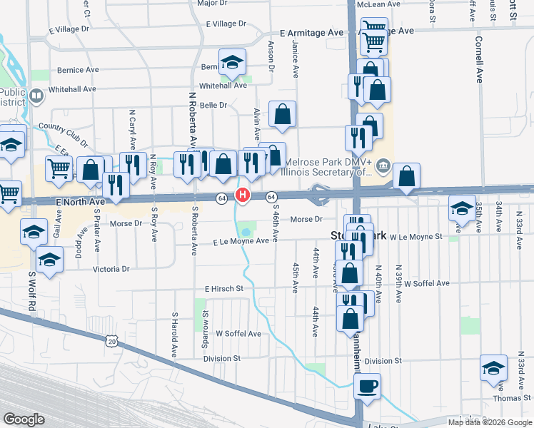 map of restaurants, bars, coffee shops, grocery stores, and more near 400 West North Avenue in Northlake