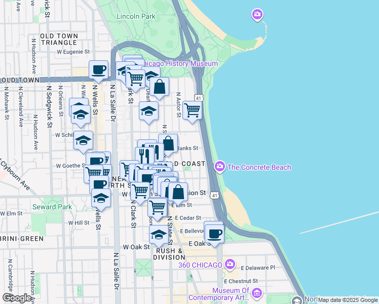 map of restaurants, bars, coffee shops, grocery stores, and more near 61 East Banks Street in Chicago