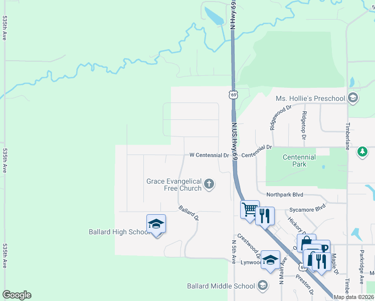 map of restaurants, bars, coffee shops, grocery stores, and more near 536 West Centennial Drive in Huxley