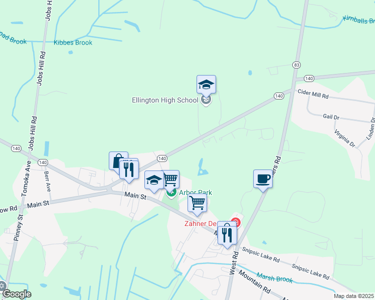 map of restaurants, bars, coffee shops, grocery stores, and more near 50 Maple Street in Ellington
