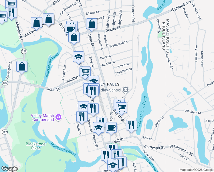 map of restaurants, bars, coffee shops, grocery stores, and more near in Cumberland