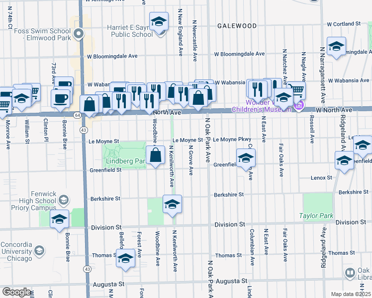 map of restaurants, bars, coffee shops, grocery stores, and more near 1135 North Grove Avenue in Oak Park