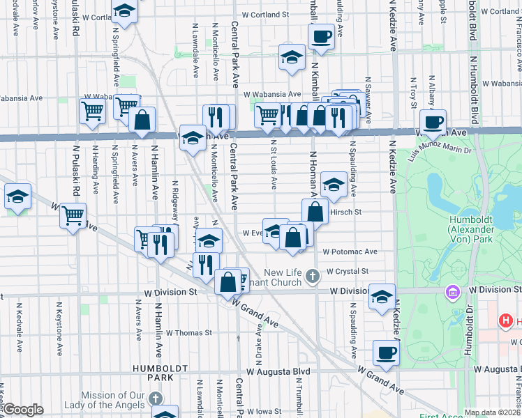 map of restaurants, bars, coffee shops, grocery stores, and more near 3516 West Hirsch Street in Chicago
