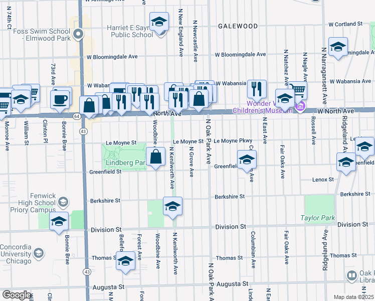 map of restaurants, bars, coffee shops, grocery stores, and more near 1135 North Grove Avenue in Oak Park