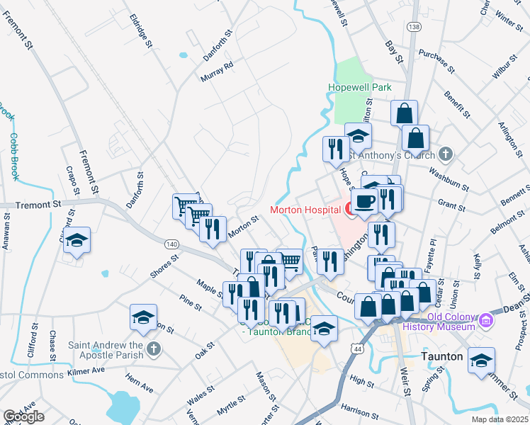 map of restaurants, bars, coffee shops, grocery stores, and more near 43 Chandler Avenue in Taunton