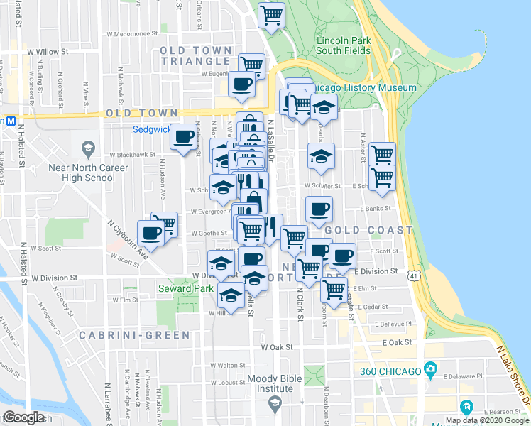 map of restaurants, bars, coffee shops, grocery stores, and more near 1330 North LaSalle Street in Chicago