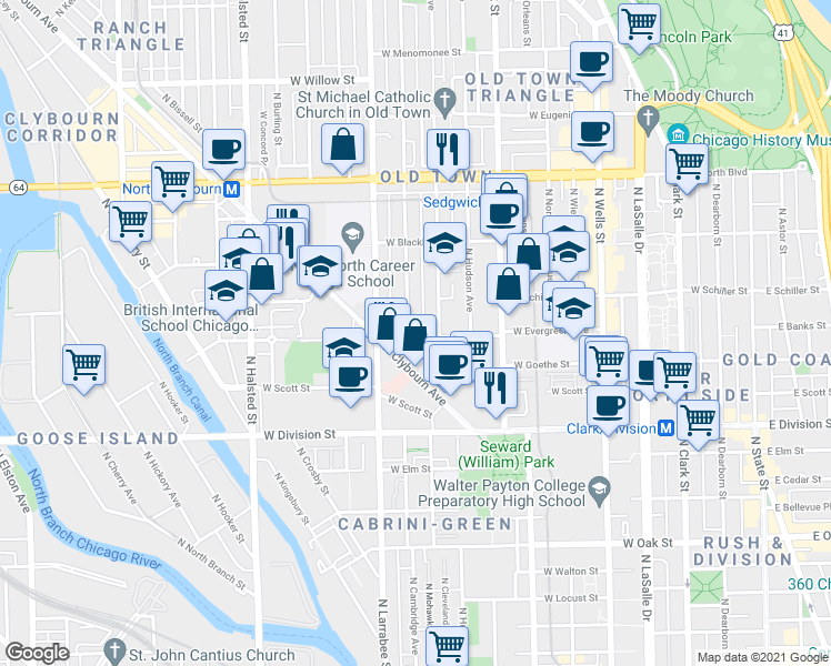 map of restaurants, bars, coffee shops, grocery stores, and more near 1347 North Mohawk Street in Chicago