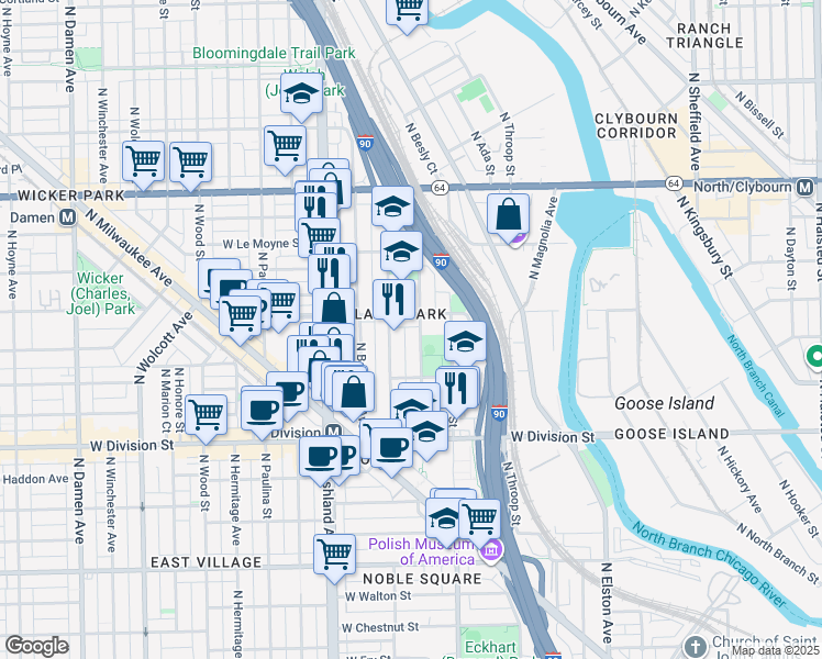 map of restaurants, bars, coffee shops, grocery stores, and more near in Chicago