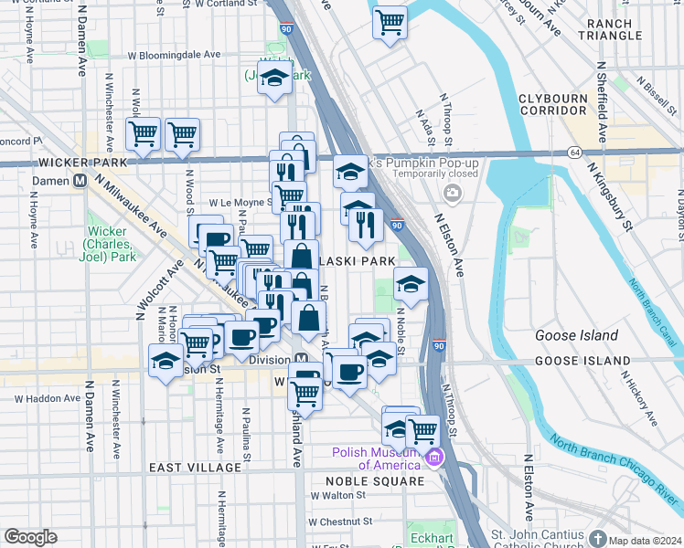 map of restaurants, bars, coffee shops, grocery stores, and more near 1363 North Bosworth Avenue in Chicago