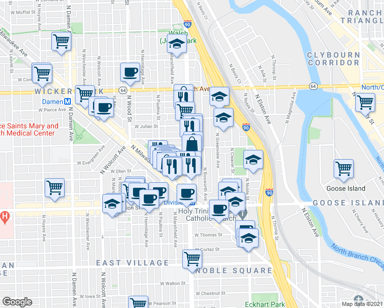 map of restaurants, bars, coffee shops, grocery stores, and more near in Chicago