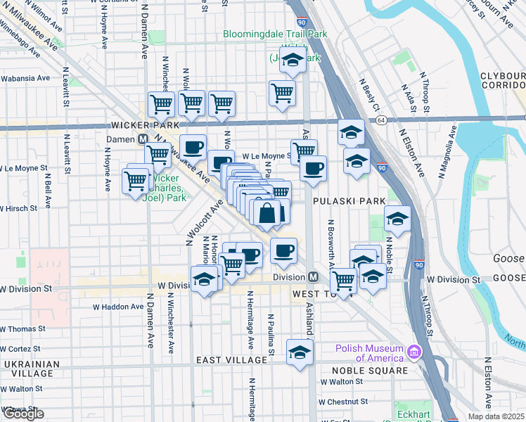 map of restaurants, bars, coffee shops, grocery stores, and more near 1353 North Dean Street in Chicago