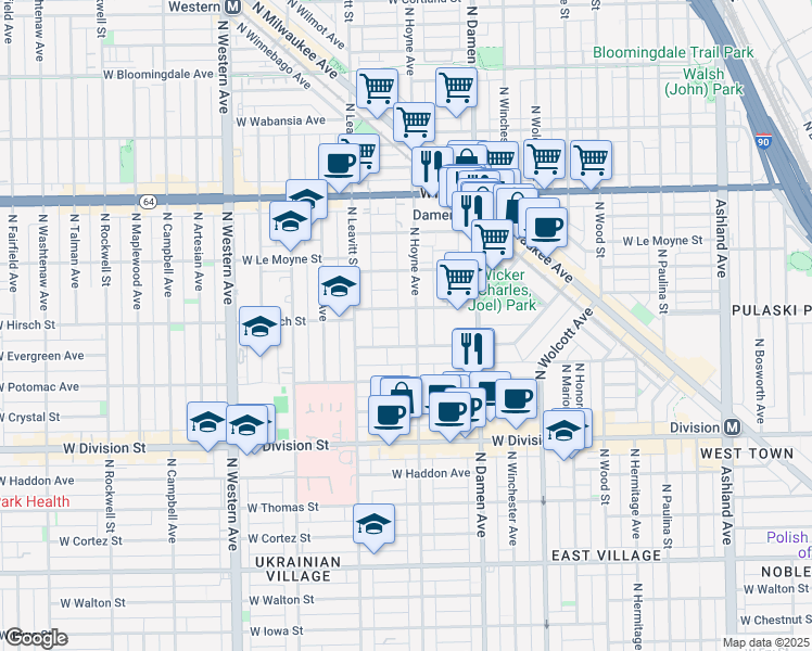 map of restaurants, bars, coffee shops, grocery stores, and more near in Chicago