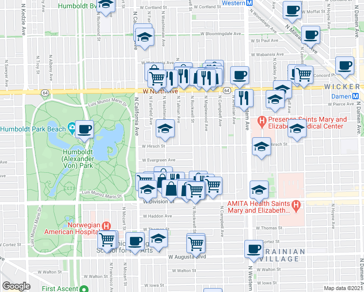 map of restaurants, bars, coffee shops, grocery stores, and more near 2620 West Hirsch Street in Chicago