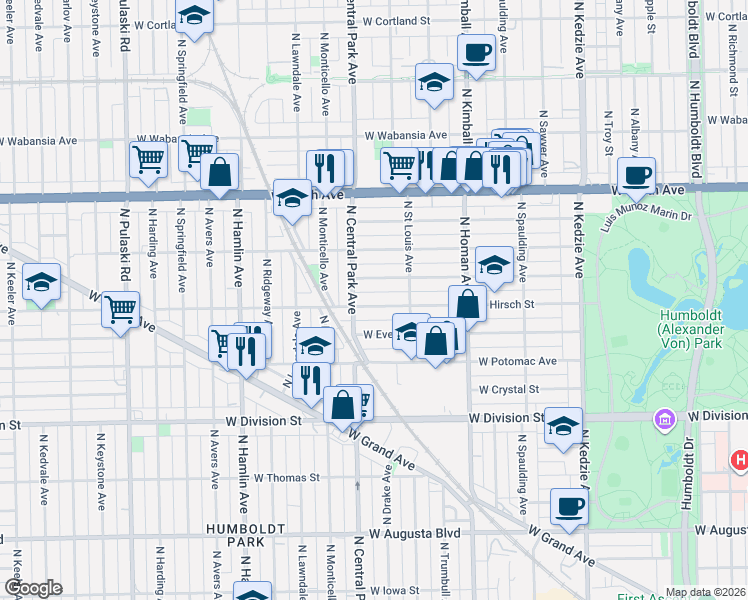 map of restaurants, bars, coffee shops, grocery stores, and more near 3531 West Beach Avenue in Chicago