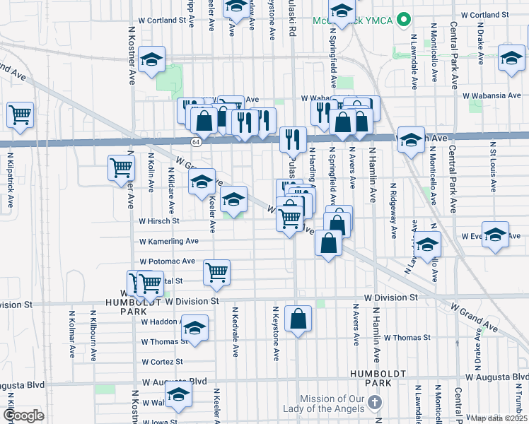 map of restaurants, bars, coffee shops, grocery stores, and more near 4014 West Grand Avenue in Chicago