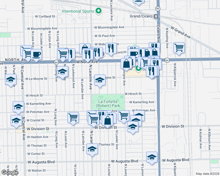 map of restaurants, bars, coffee shops, grocery stores, and more near 1437 North Leclaire Avenue in Chicago