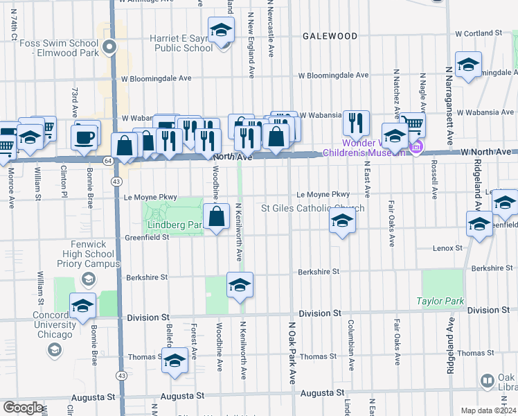 map of restaurants, bars, coffee shops, grocery stores, and more near 1147 North Grove Avenue in Oak Park