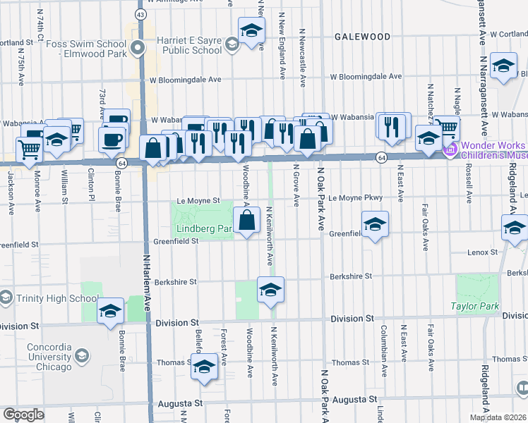 map of restaurants, bars, coffee shops, grocery stores, and more near 1140 North Kenilworth Avenue in Oak Park