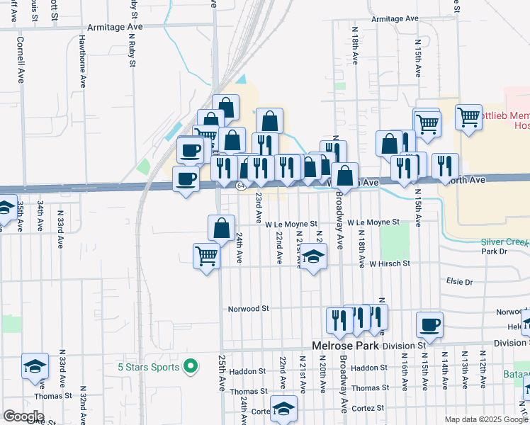 map of restaurants, bars, coffee shops, grocery stores, and more near 1824 22nd Avenue in Melrose Park