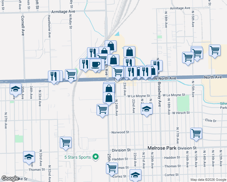 map of restaurants, bars, coffee shops, grocery stores, and more near 1827 25th Avenue in Melrose Park