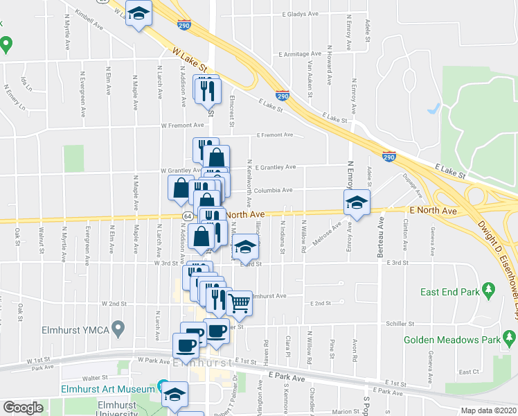map of restaurants, bars, coffee shops, grocery stores, and more near 146 Columbia Avenue in Elmhurst
