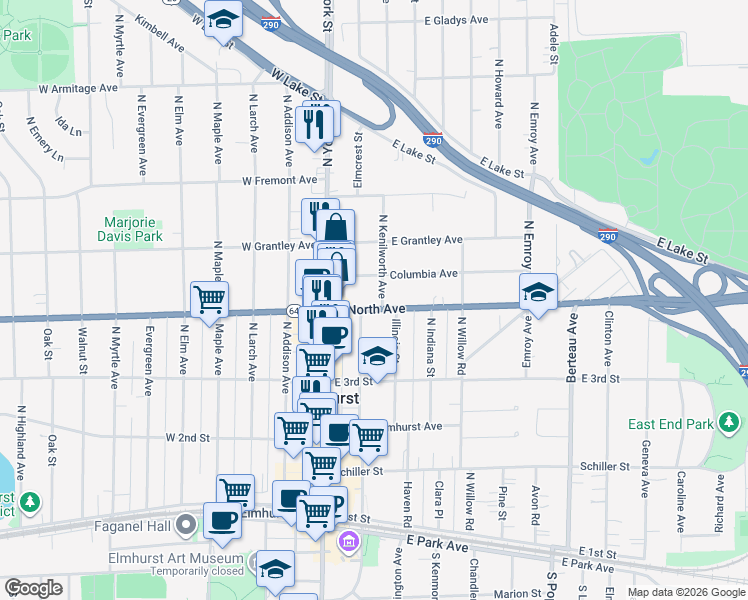map of restaurants, bars, coffee shops, grocery stores, and more near 146 Columbia Avenue in Elmhurst